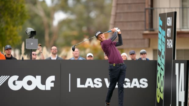 Adrian Meronk plays his shot from the 14th tee during the second round of the LIV Golf Las Vegas tournament at Las Vegas Country Club.